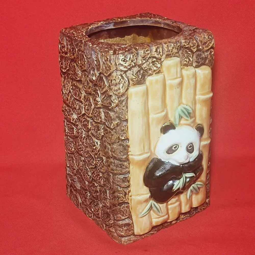 Vintage Panda Bamboo Ceramic Pottery Planter Large Vase